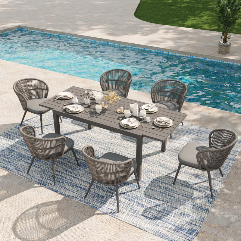 6 - Person Outdoor Stretchable Dining Set With Cushions, Dark Gray/Light Gray/Dark Gray