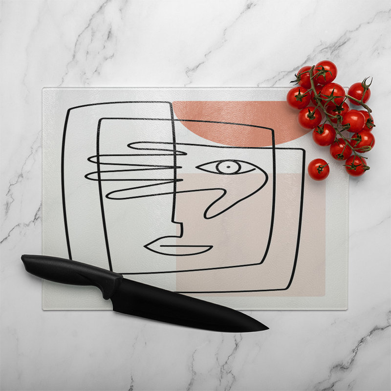 line drawing of face and hand Designer Glass Chopping Board