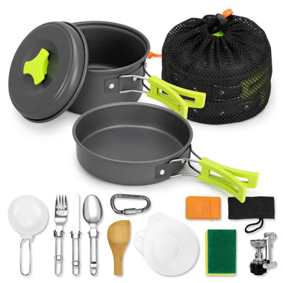 17pcs Camping Cookware Kit, 0.45Gal Pot, 7inches Pan,0.30Gal Kettle Set With 2