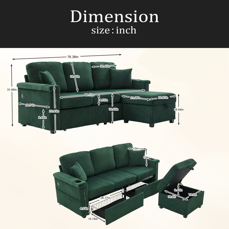 L-Shaped Sectional Sofa With Pull-Out Storage,Ottoman & Pillows 3-Seat With USB Charging,Cup Holder, Convertible Design For Living Room, Apartment, Corduroy Fabric
