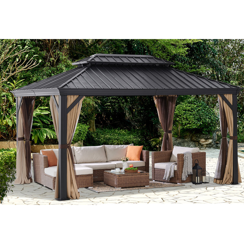 Pavillon de jardin permanent en métal L 10 pi. D Pavillon de jardin d'extérieur avec rideaux