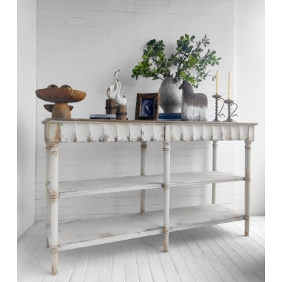 63” X 35” Wooden Three-tiered Console Table With Distressed White Finish And Scalloped Details, Farmhouse Accent Table