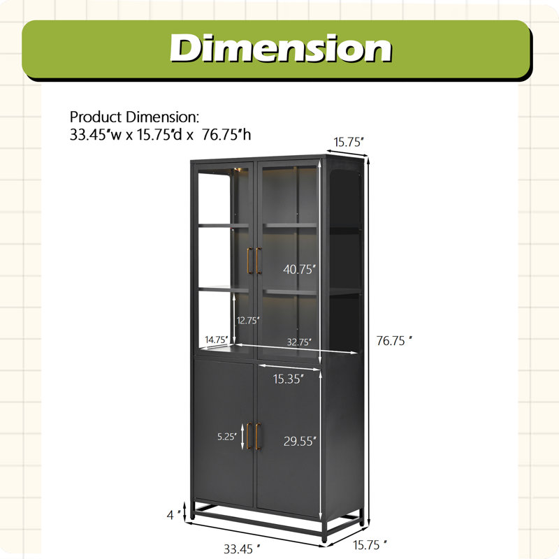 76.75'' Tall Display Cabinet, With Glass Doors And LED Lights, Black