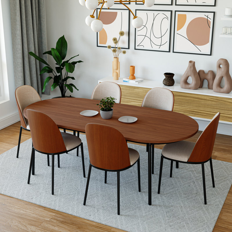 Kelce 6 Person 71" Oval Dining Table Set with Modern Upholstered Chairs, Walnut, Walnut/Beige