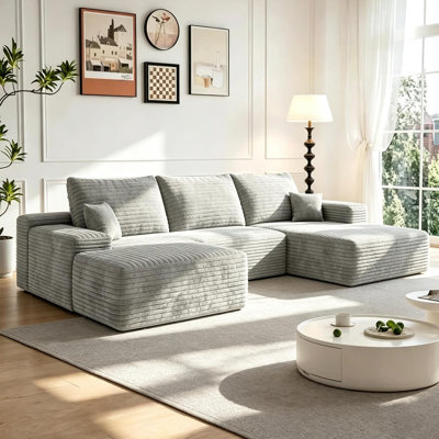 107.5'' U-Shaped Boneless Modular Sectional Couch with Ottoman, Oversized Corduroy Cloud Couch with Right-Facing Chaise, Deep Seat Sofa for Living Room, Gray