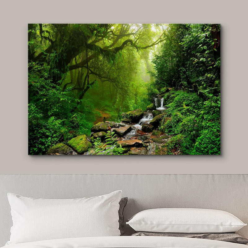 Népal, forêt verte, cascade, Toile tendue, H 24 po x l 36 po x P 1,5 po