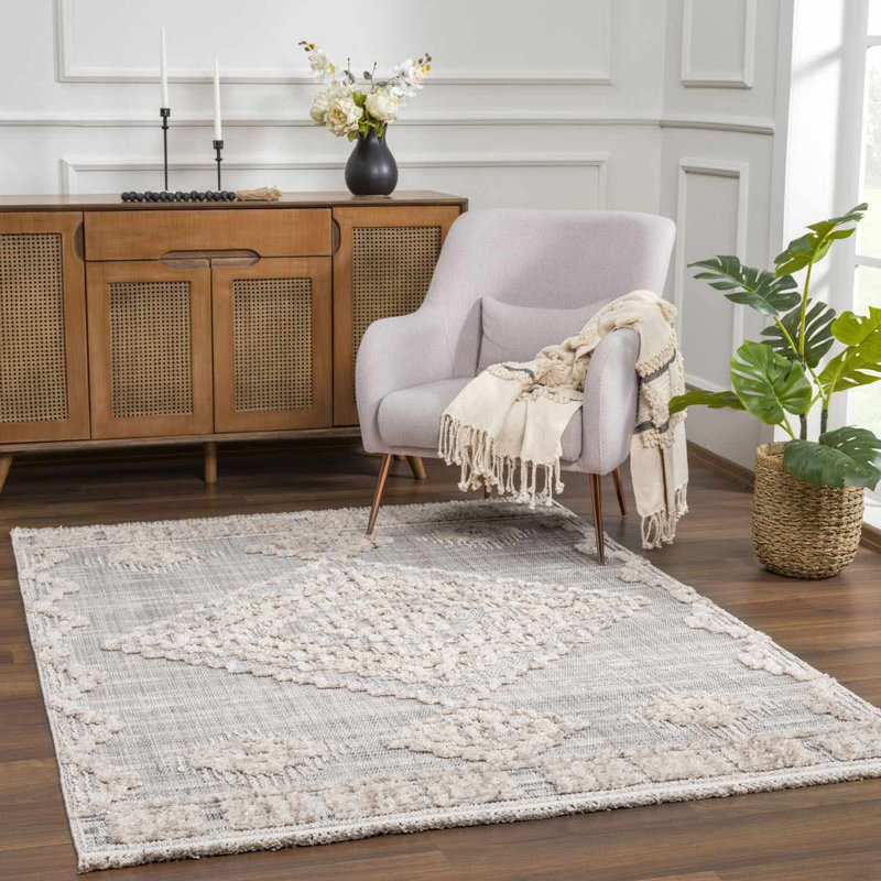 Tapis marocain en polyester tissé à la machine en gris, Rectangle 6 pi 7 po x 9 pi