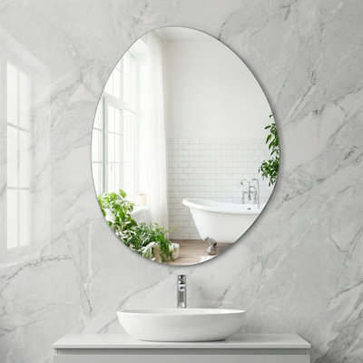 Irregular Egg Frameless Wall Mirror, Asymmetrical Organic Cloud Shaped Bathroom Vanity Mirror, Beveled HD Silver Decor Mirror for Washroom Entryway Bedroom Spa Wall Decor