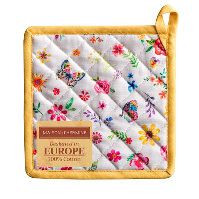 Maison d' Hermine Pot Holders 100% Cotton Heat Resistant Potholders 8" x 8" Hot Pads with Loop BBQ Baking Valentines Day Decorations Handling Hot Pans Spring/Summer (Pack of 1, Happy Florals - Sweety)