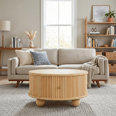 31.8'' Modern Natural Round Fluted Coffee Table,Sliding Door,Pine Solid Wood,For Living Room,Easy Assembly