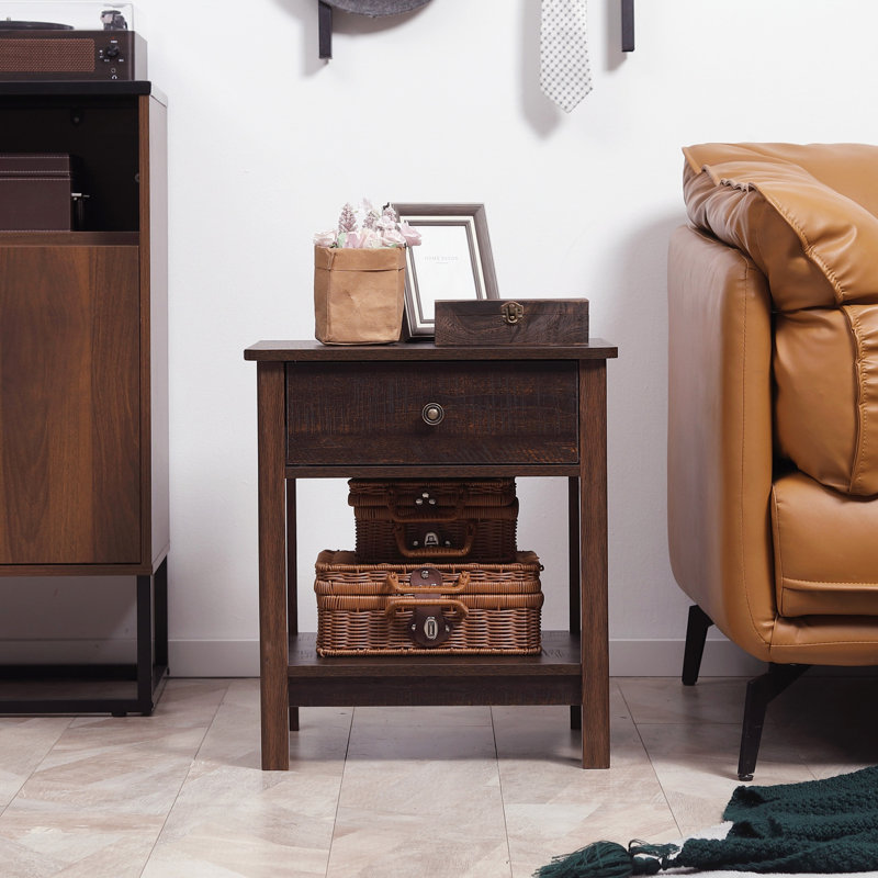 Table de bout avec tiroir, table d'appoint avec tablette supérieure et inférieure pour les petits espaces