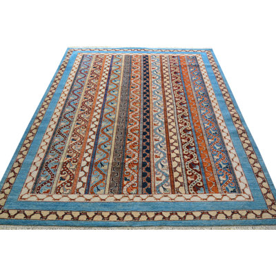 Tapis bleu oriental en laine noué à la main 5 pi 8 po x 7 pi 9 po