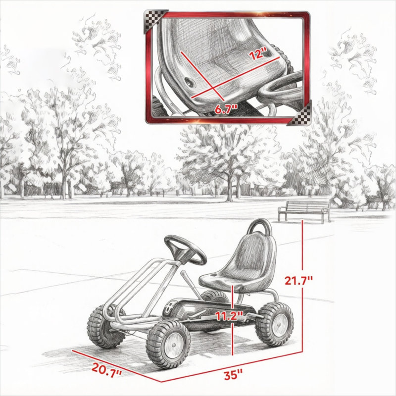 Kart à pédales d'extérieur en noir mat et jaune avec siège réglable, L 35 x l 20,1 x H 21,7