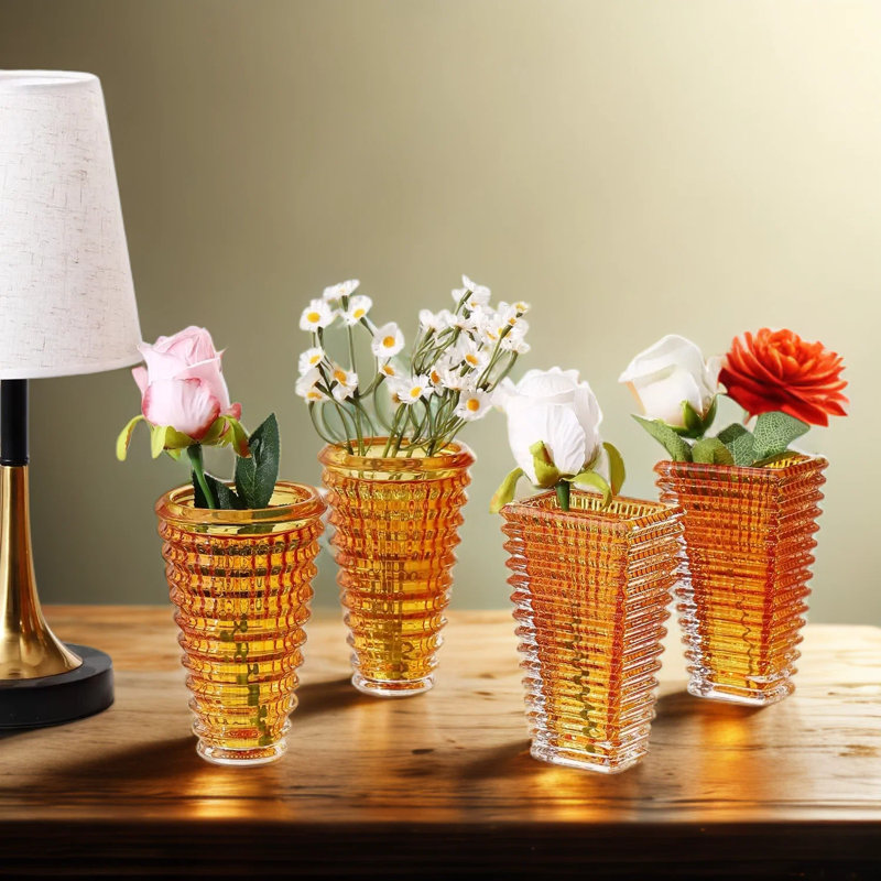 Set Of 4 Glass Flower Vases For Centerpieces, Small Round Amber Vases For Home Decor, Wedding, Living Room, Bedroom, And Office