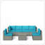 Ensemble de patio 7 pièces en osier gris avec coussins amovibles bleu clair et table basse en verre pour l'extérieur, la piscine et la cour