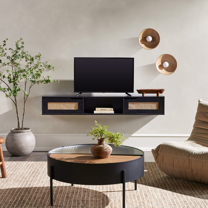 Meuble télé moderne avec porte flottante en rotin pour téléviseur de 65 po ou moins, Noir