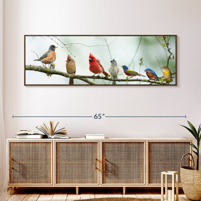 Rassemblement d'oiseaux, 57 po x 19 po, Cadre flottant noyer