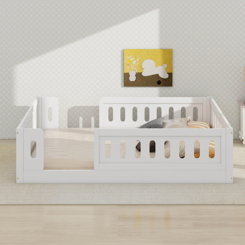 Lit plateforme double en bois avec garde-corps, Blanc
