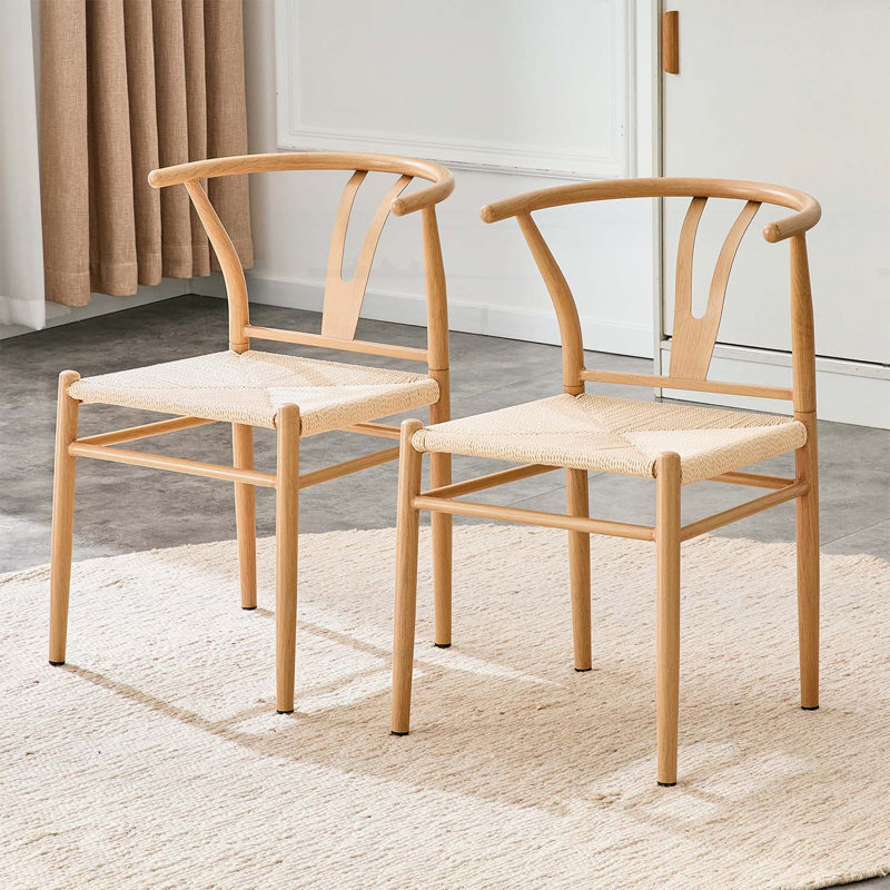 Fauteuil de style médiéval en Y pour salle à manger, siège tissé avec motif en corde, ensemble de 2, Bois naturel