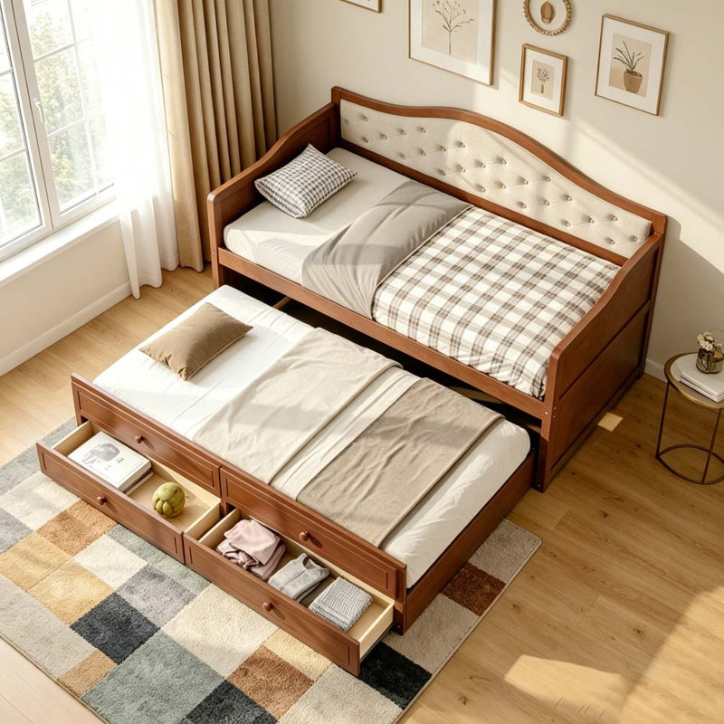 Lit de jour avec couchette, lit de jour simple avec 2 tiroirs de rangement, canapé-lit en bois avec dossier capitonné à boutons