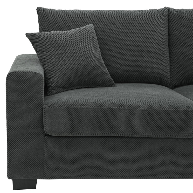 Canapé 2 places de style moderne du milieu du siècle, 175 cm (69 pouces), revêtement en tissu texturé, 2 coussins décoratifs inclus, structure en bois et pieds robustes, idéal pour appartement et bureau, gris foncé.