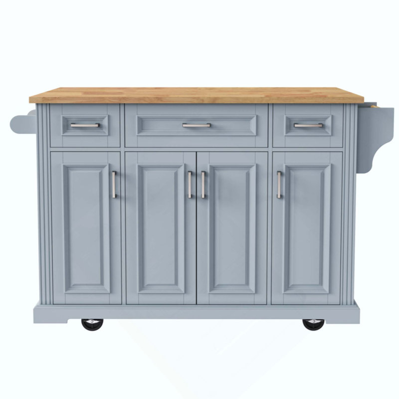 Kitchen Island With Rubber Wood Drop Leaf, Embossed Texture Rolling Kitchen Cart On 4 Wheels With 4 Doors And 3 Drawers, Kitchen Island With Storage For Kitchen, Dining Room