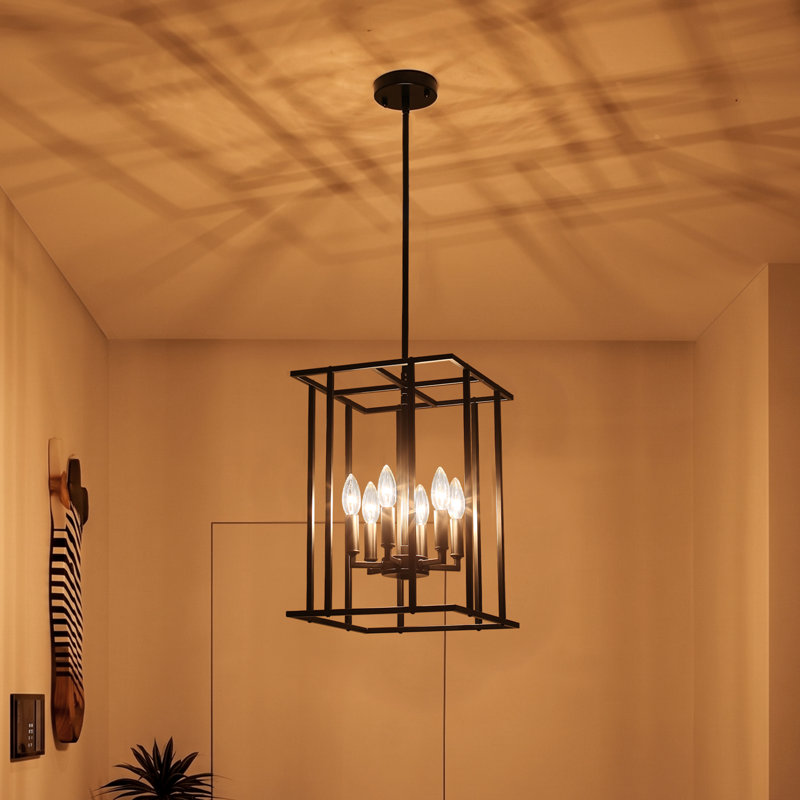 6 - Light Dimmable Lantern Rectangle Chandelier, Matte Black