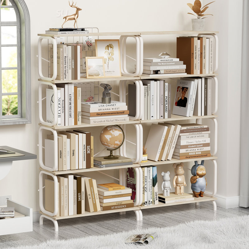 5 Tier Large Book Shelf, Open Bookcase For Home Office, Living Room, Vintage Industrial Style With Sturdy White Metal Frame