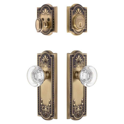 Grandeur Parthenon Long Plate Entry Set with Bordeaux Crystal Knob in Vintage Brass