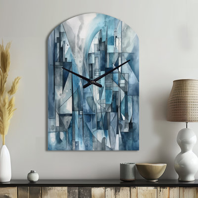 Blue Abstracted Harmonies Of Shape III - Geometric Asymmetrical Metal Clock, Blue Arch Metal Clock Print