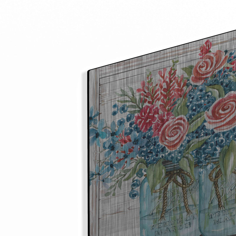 «Red, White & Blue Jars with White Flowers» par Cindy Jacobs, art mural en métal, H 12 po x l 16 po