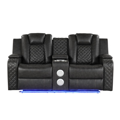 Fauteuil inclinable électrique en similicuir gris avec commande à touche unique, éclairage ambiant à la base, appuis-tête réglables et éclairage des porte-gobelets,