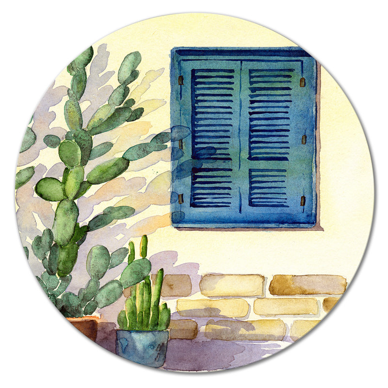 Façade de maison avec une fenêtre avec des volets turquoise - Peinture sans cadre sur métal