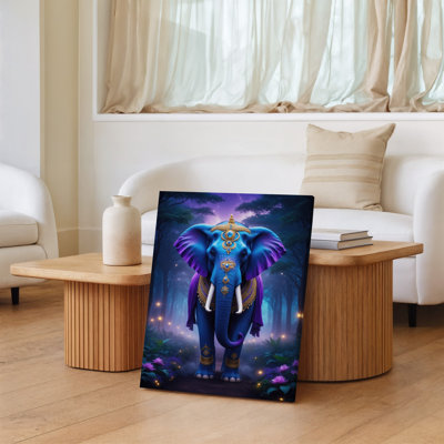 Canvas A Majestic Blue Elephant Adorned With Elaborate Golden Jewelry And Wall Art Vibrant Purple Fabric Standing Proudly In A Canvas Wall Art