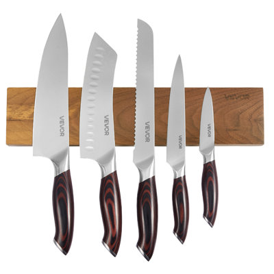 Ensemble de couteaux de cuisine, 6 couteaux tranchants en acier inoxydable à haute teneur en carbone, coutellerie de cuisine professionnelle avec poignée ergonomique résistante aux fissures et porte-couteaux magnétique à finition noyer
