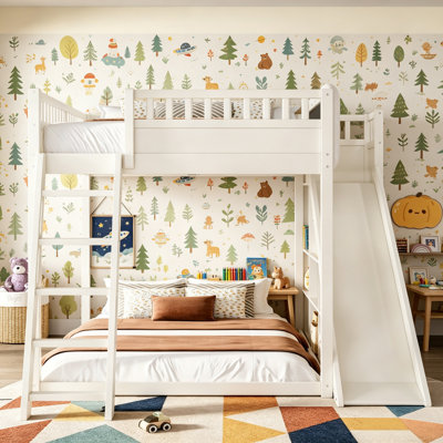 Full Size Loft Bed with Slide and Storage Shelves,Pine wood Beds Frame with Upholstered Headboard and Safety Guardrail,Space-Saving Loft Beds for Kids or Teens Bedroom,Beige.