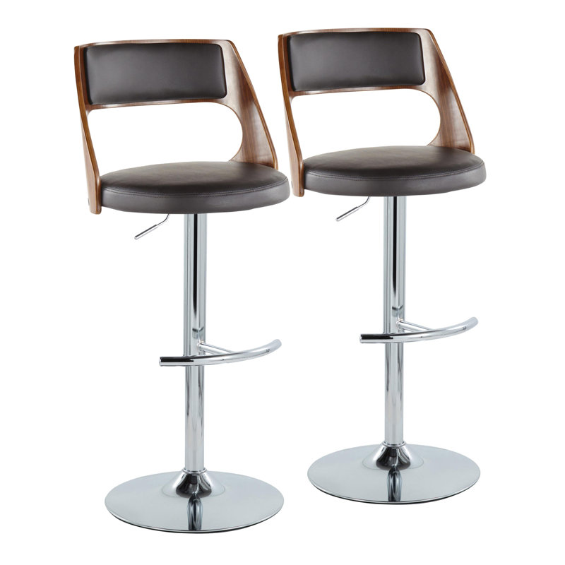 Ciaran Adjustable Bar Stools with Rounded T Footrest, Chrome/Walnut, Brown