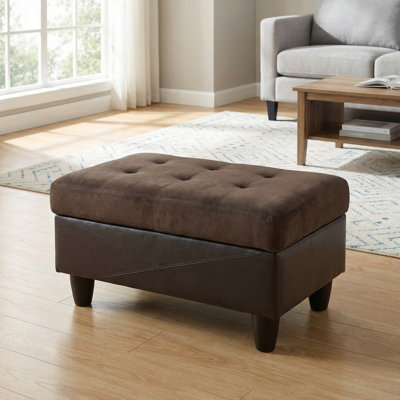 Dark Brown Storage Ottoman | Flannel + Faux Leather | X-Stitching | Solid Wood