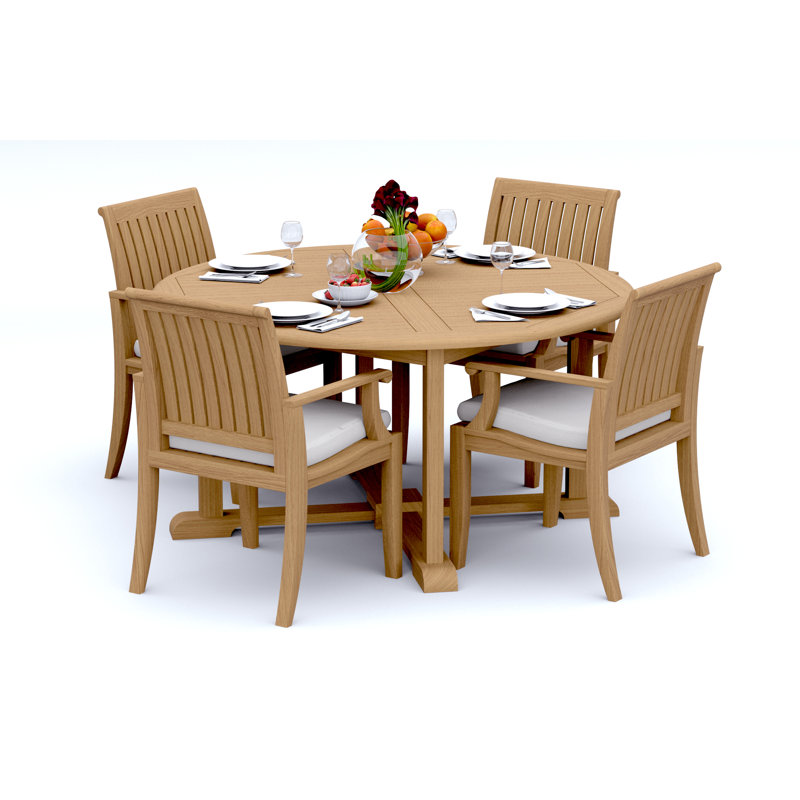 4 Seats 5 Pcs Grade-A Teak Wood Dining Set: 60" Round Table And 4 Lagos Arm Chairs #11LG1204, 4