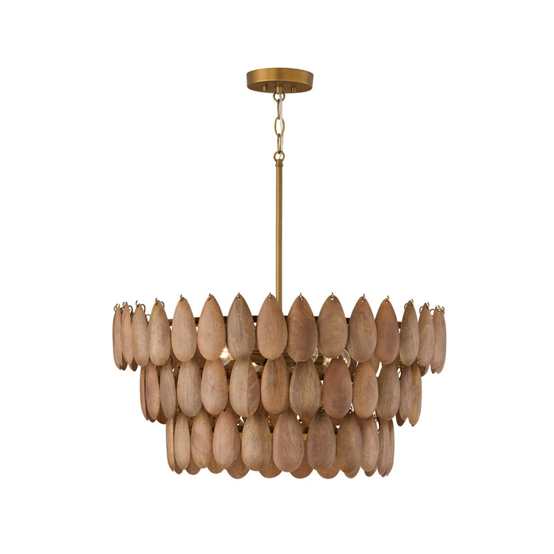 Luminaire suspendu 4 lumières l 24,5 po x H 8,75 po en laiton patiné et bois de manguier fabriqués à la main