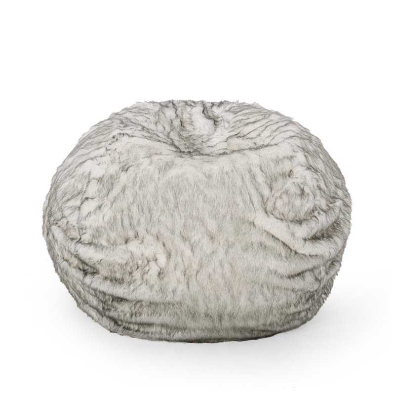  White and Gray 5 Foot Rounded Short Faux Fur Bean Bag, Soft and Plush Lounger for Children and Adults, White