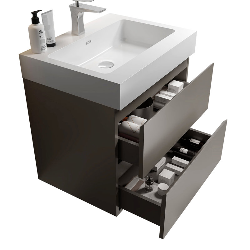 Meuble-lavabo mural 24 po gris avec lavabo, double tiroir de style moderne, araignée silencieuse, non-moderne, tiroirs pratiques, étoile de mer, sophistiqué