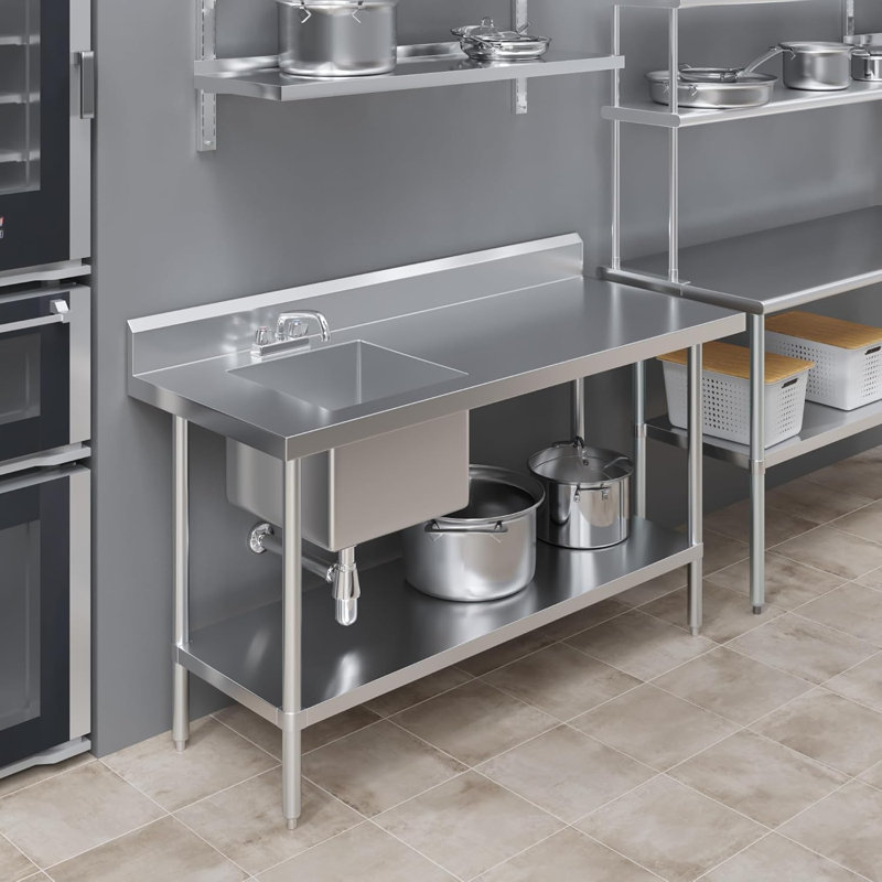 Express KitchQuip Stainless Steel Work Table with Built-in Left Prep Sink and Faucet, 60 in. L x 24 in. W