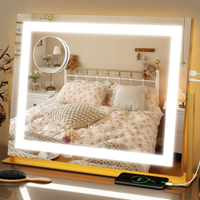 Miroir de salle de bain avec lumières 22X18 pouces, miroir de maquillage à DEL avec grossissement 10X, écran tactile intelligent, modes d'éclairage 3 couleurs et luminosité à intensité variable, alimenté par USB