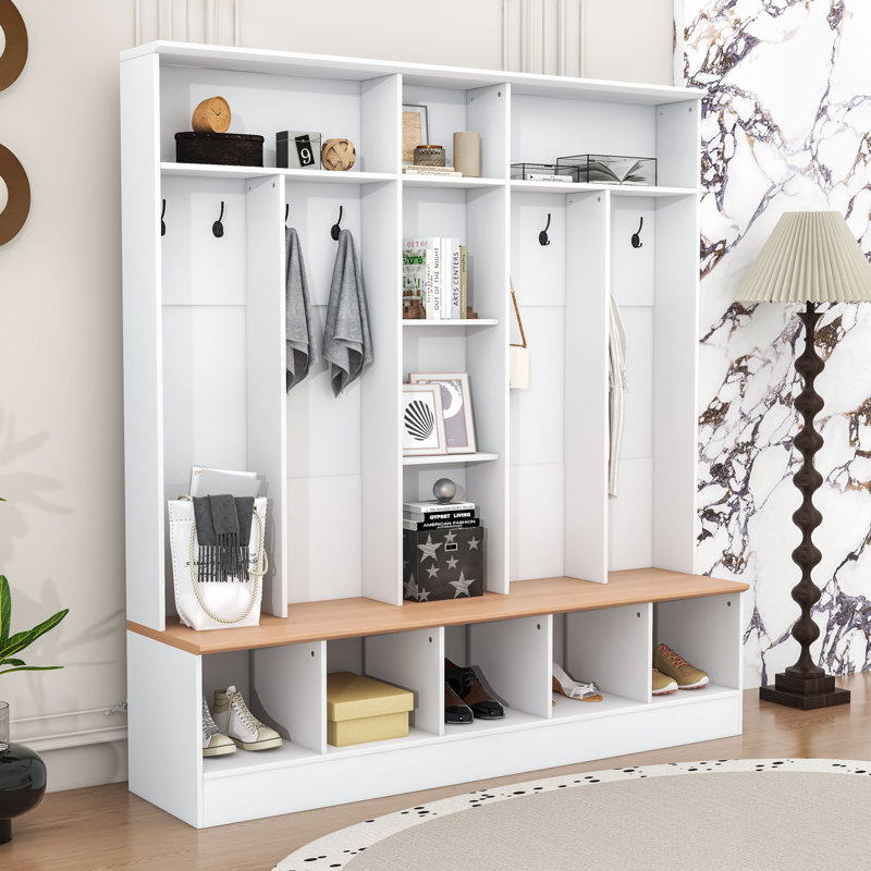 Contemporary Entryway Organizer – Multi-Functional Hall Tree with Hooks, Storage, White