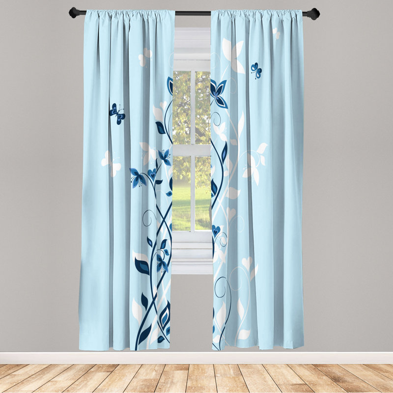 Microfiber Floral Semi-Sheer Rod Pocket Curtain Panels, 28" W x 95" L, White/Dark Blue/Light Blue