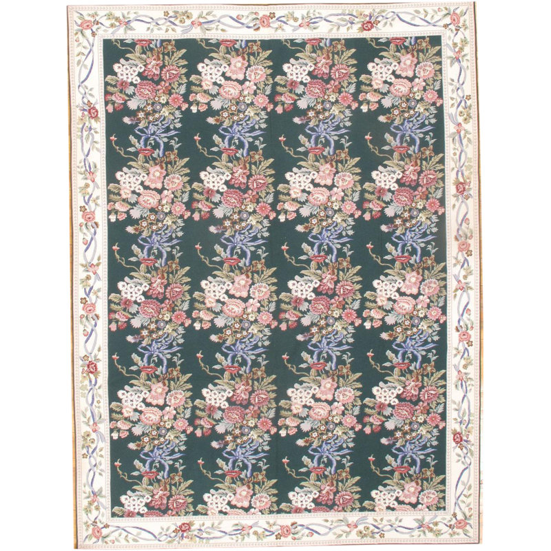 Tapis vert / rose / crème en laine tissé à plat