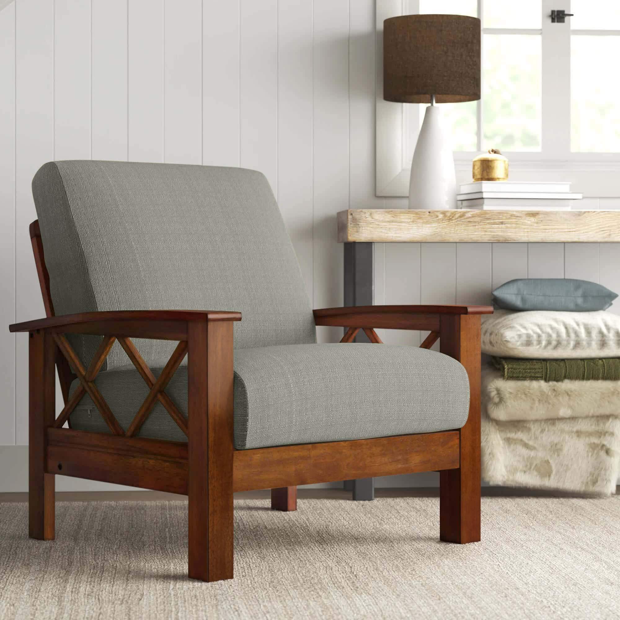 Hertford Upholstered Linen Blend Accent Chair with Wooden Legs and One Pillow Sand & Stable Fabric: Beige Linen Blend