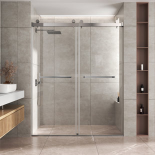 Porte de douche coulissante double sans cadre de 56 à 60 po x H 76 po avec verre trempé amélioré de 3/8 po (10 mm), quincaillerie en acier inoxydable, nickel brossé