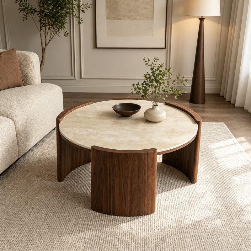 Café rond moderne de 31,5 pouces, Walnut,Yellow